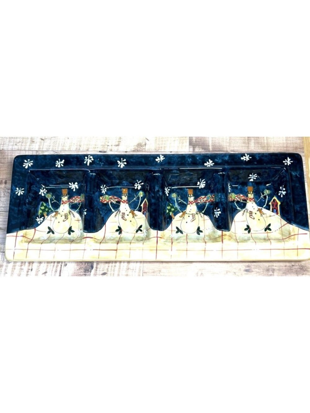 Handcrafted Susan Winget Snowman Divided Serving Tray 4-Section Ceramic Holiday